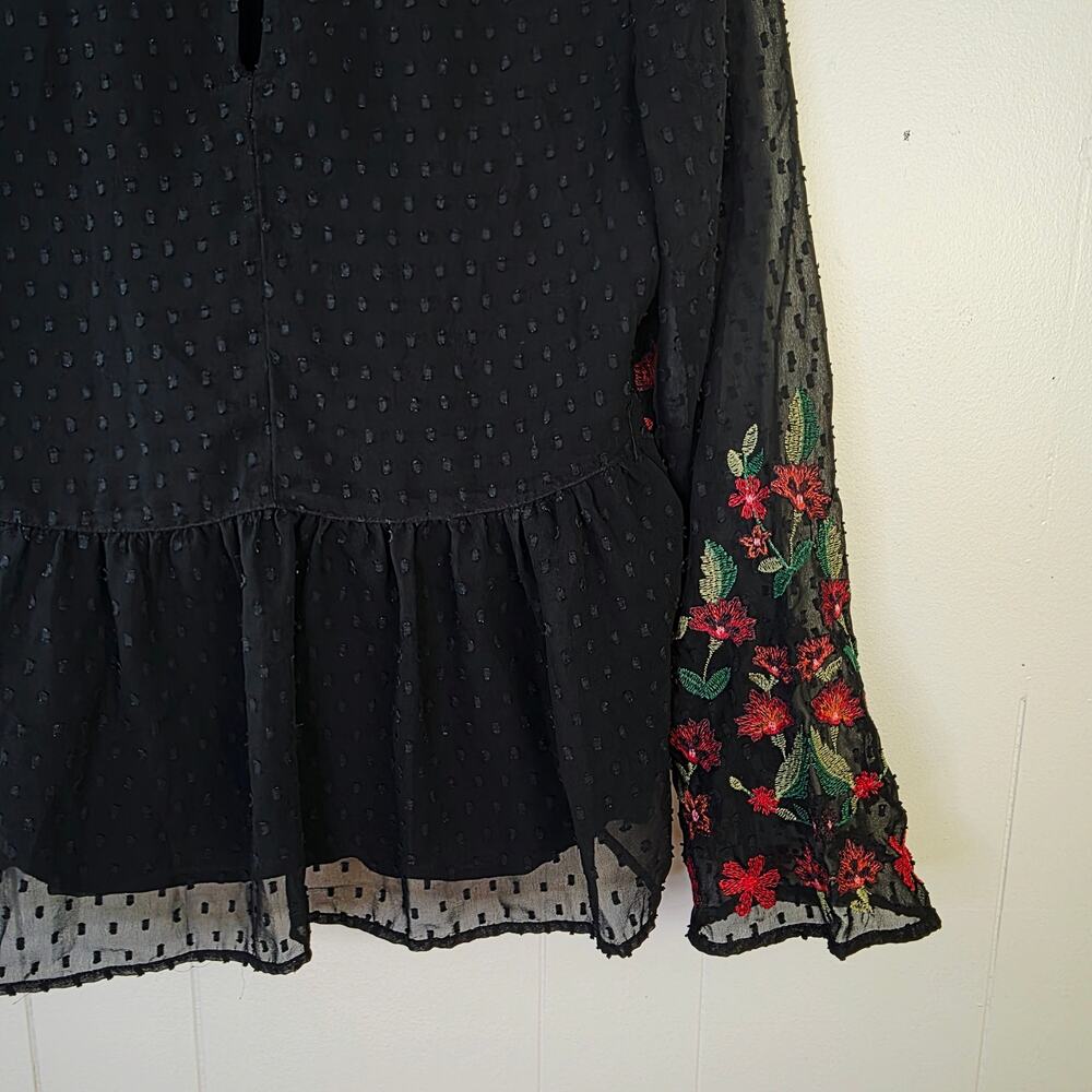 American Eagle Outfitters Blouse Small Black Floral Embroidered Boho Peplum - Picture 8 of 12